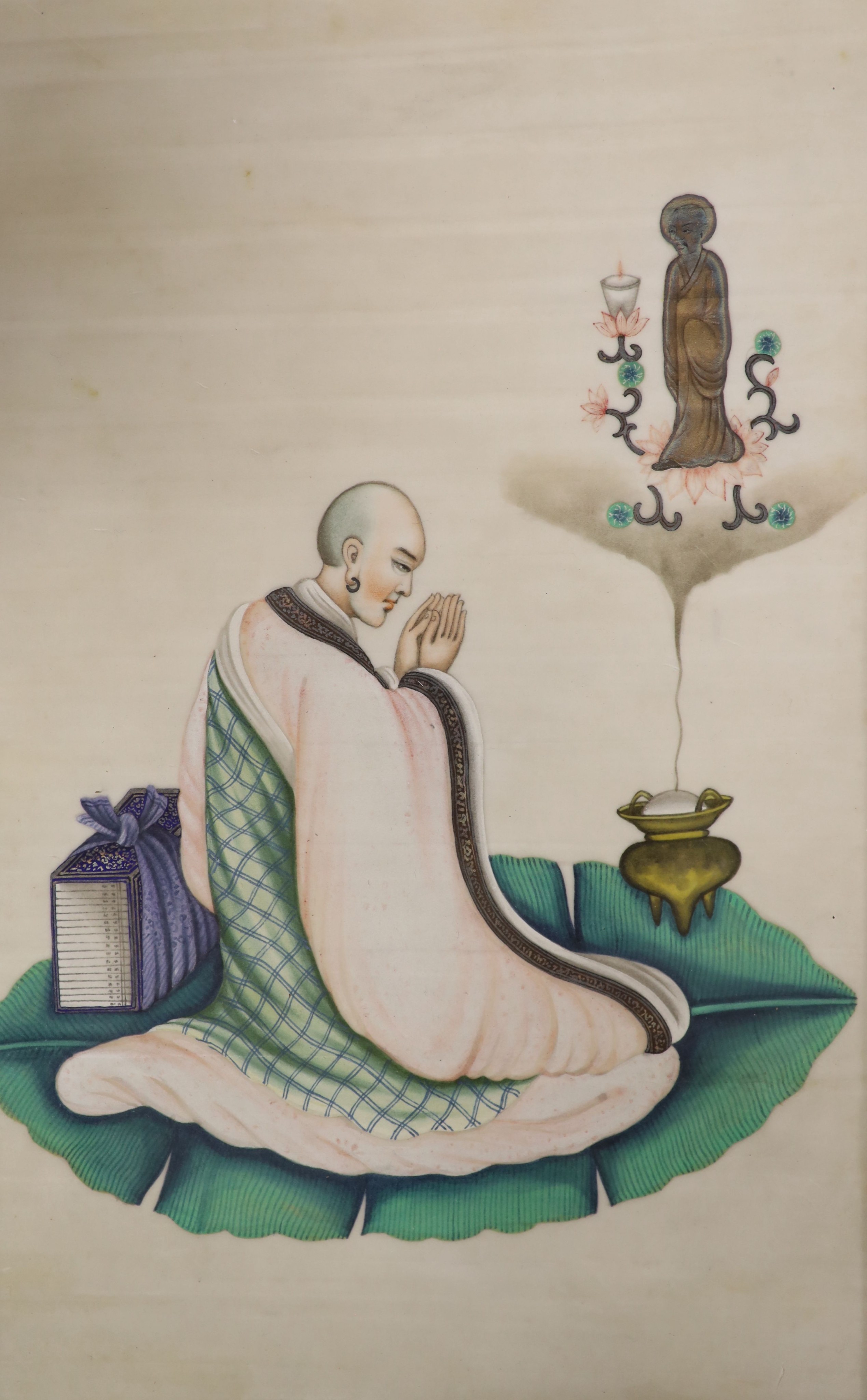 A 19th century Chinese pith painting of a Buddhist monk performing a blessing, 32 x 20cm